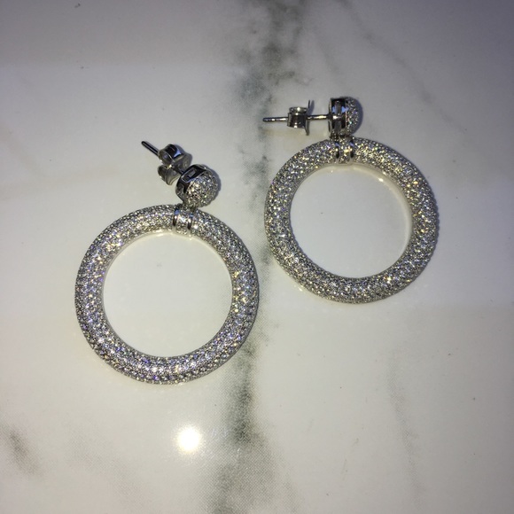 14k white gold diamond pave earrings stud hoops - Picture 2 of 8